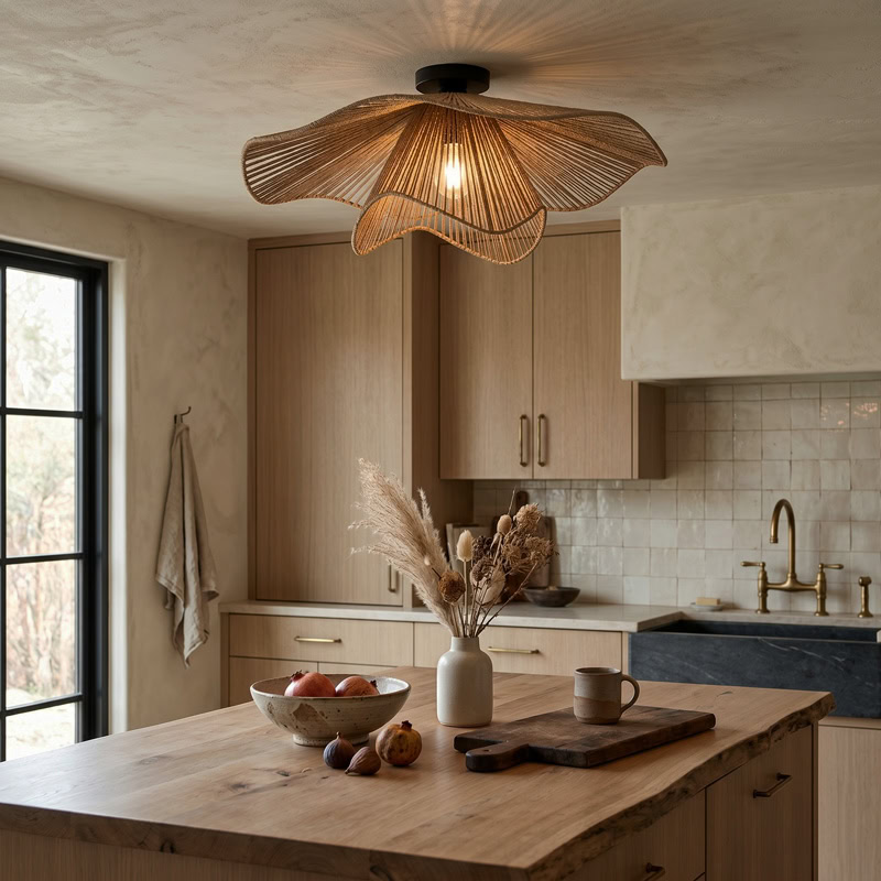 Hand woven decorative ceiling light with rustic boho woven shade and soft ambient glow for modern interiors