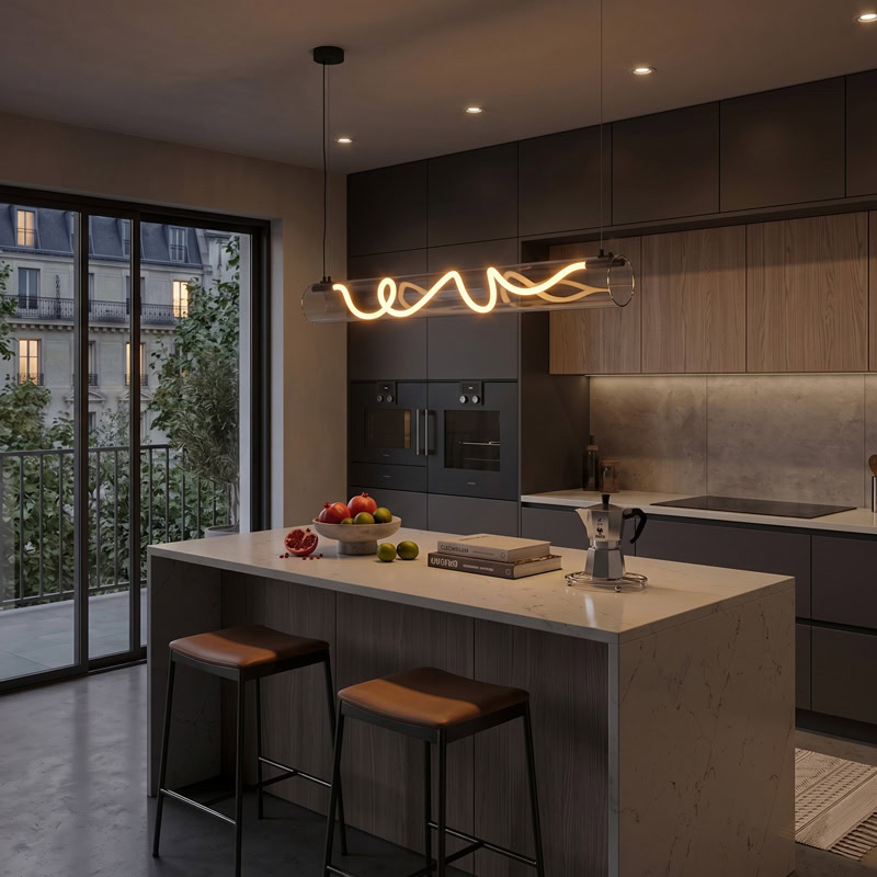 CUERLUZ LG340 linear tube rope pendant light with soft 360-degree LED illumination and silicone rope accent for modern interiors