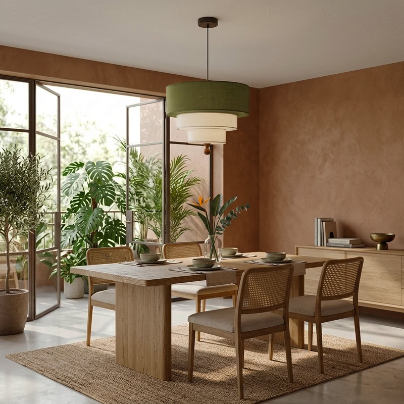 Modern layered fabric pendant light in green and white with soft diffused glow for contemporary interiors.