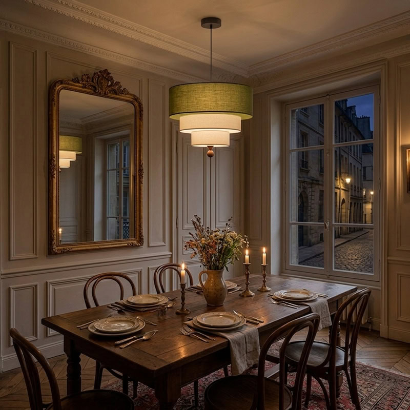 Modern layered fabric pendant light in green and white with soft diffused glow for contemporary interiors.