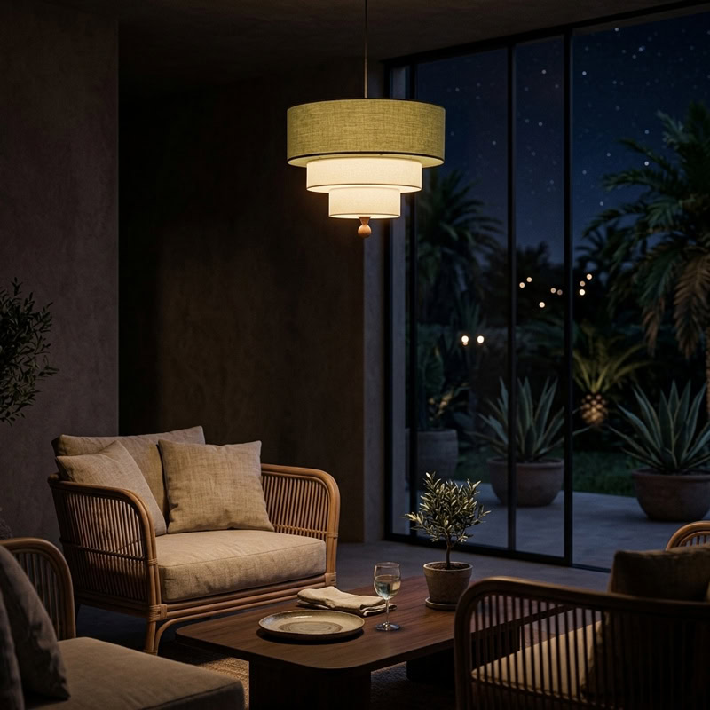 Modern layered fabric pendant light in green and white with soft diffused glow for contemporary interiors.