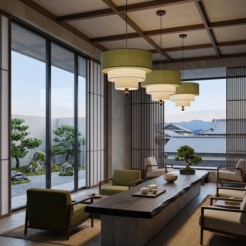 Modern layered fabric pendant light in green and white with soft diffused glow for contemporary interiors.