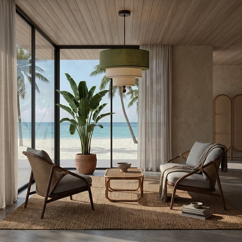 Modern layered fabric pendant light in green and white with soft diffused glow for contemporary interiors.
