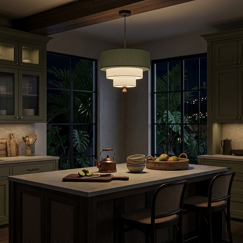 Modern layered fabric pendant light in green and white with soft diffused glow for contemporary interiors.