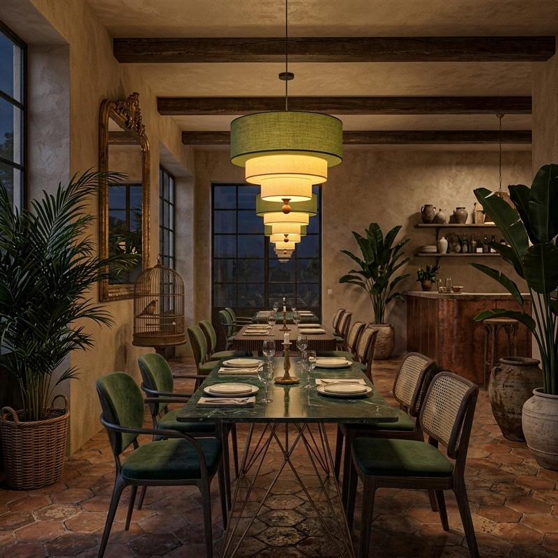Modern layered fabric pendant light in green and white with soft diffused glow for contemporary interiors.