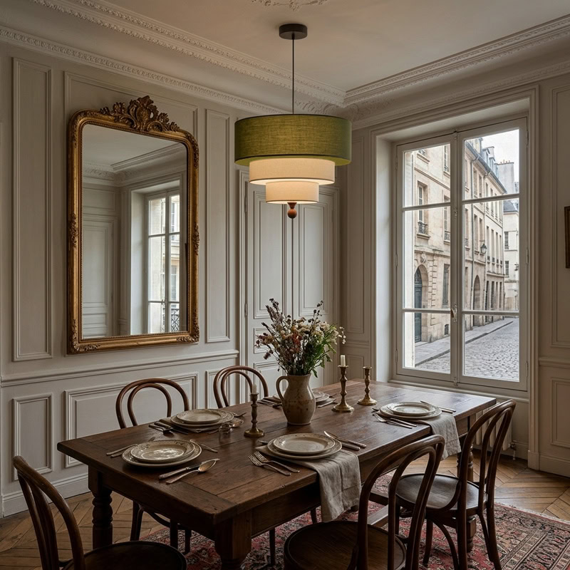 Modern layered fabric pendant light in green and white with soft diffused glow for contemporary interiors.