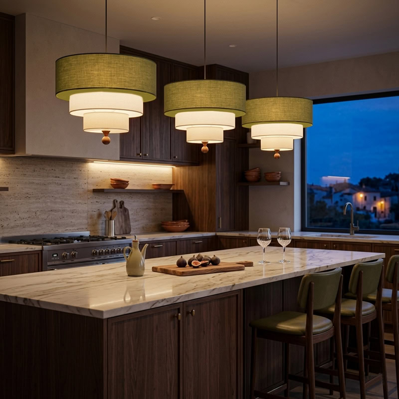 Modern layered fabric pendant light in green and white with soft diffused glow for contemporary interiors.