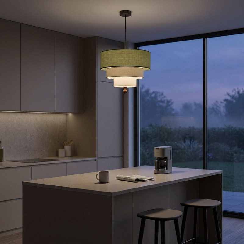 Modern layered fabric pendant light in green and white with soft diffused glow for contemporary interiors.
