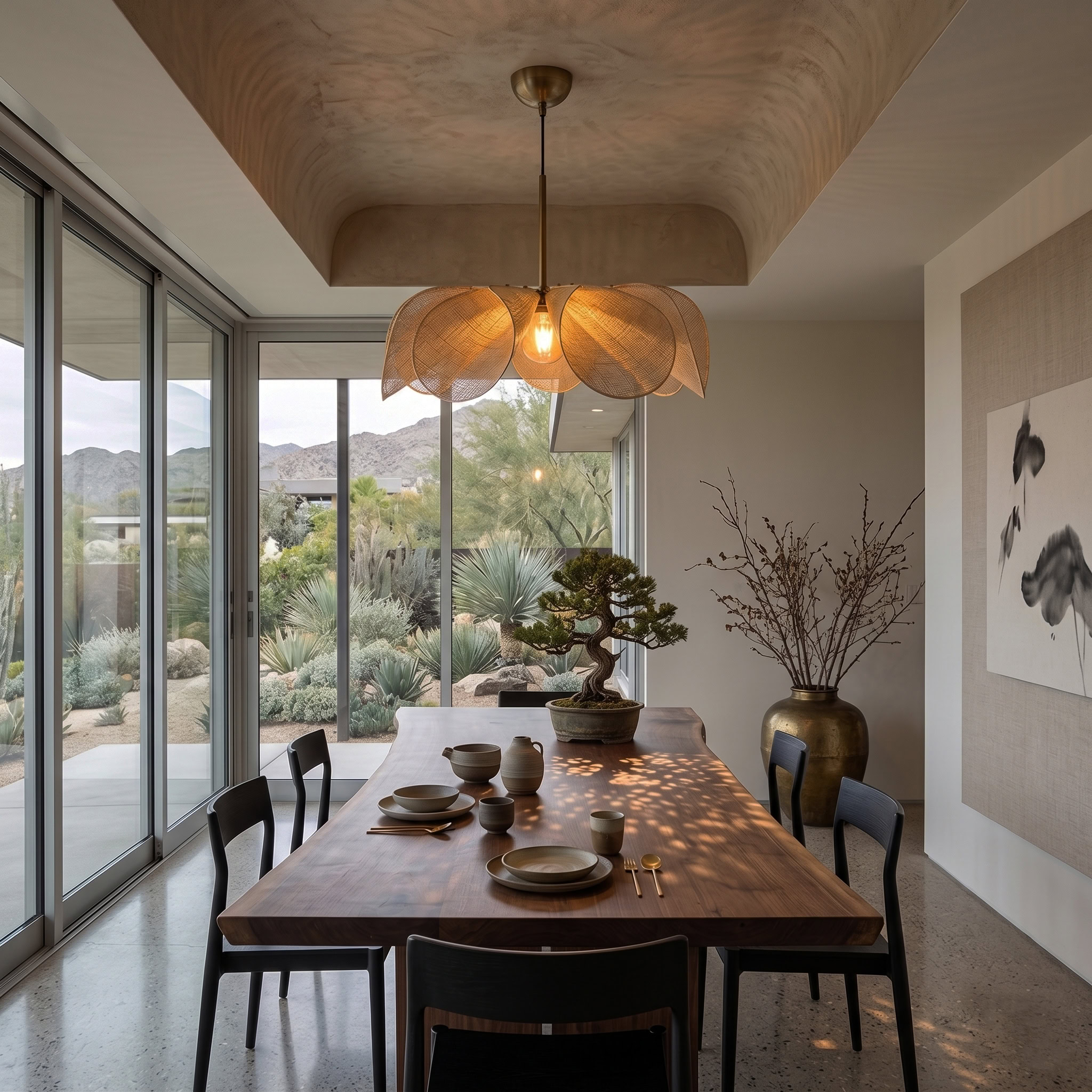 Wabi Sabi fabric petal pendant light with soft diffused glow and handcrafted organic design, suitable for living rooms, dining areas, and kitchen interiors