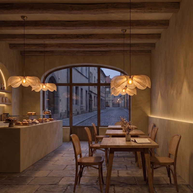 Wabi Sabi fabric petal pendant light with soft diffused glow and handcrafted organic design, suitable for living rooms, dining areas, and kitchen interiors