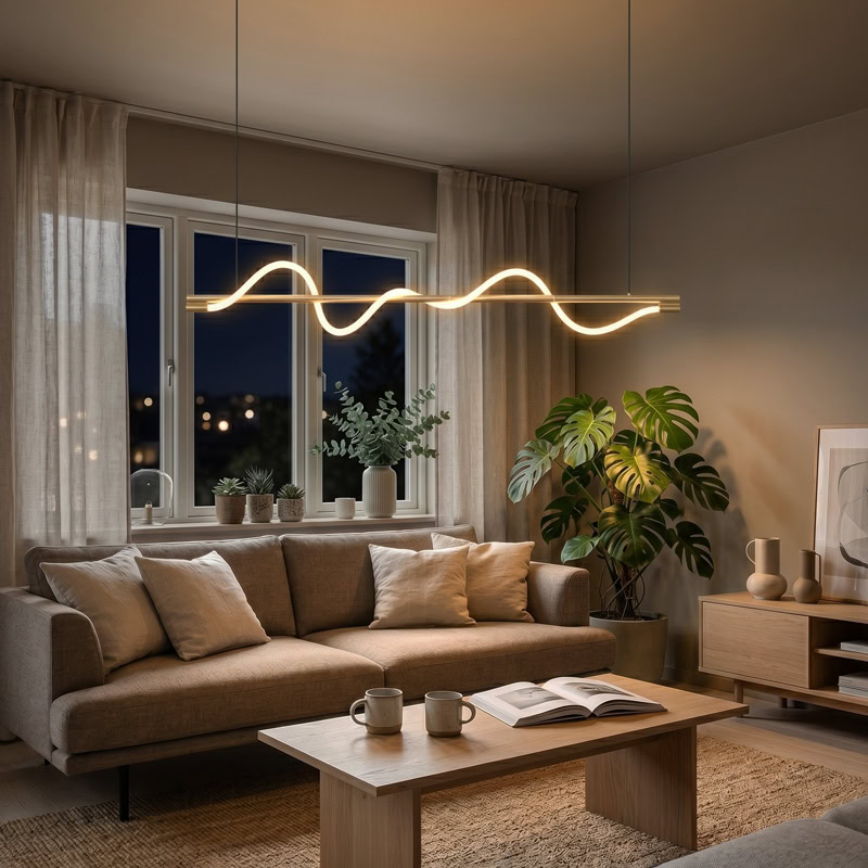 Wavy LED linear rope pendant light hanging over a modern interior space