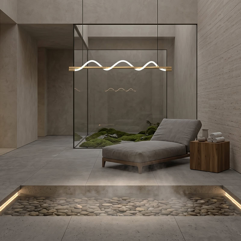 Wavy LED linear rope pendant light hanging over a modern interior space