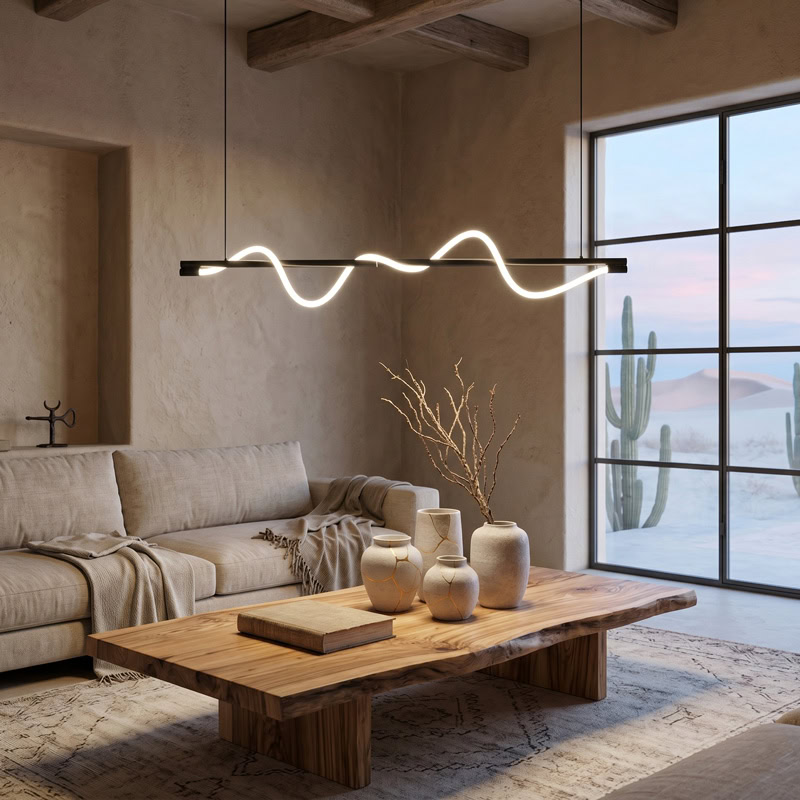 Wavy LED linear rope pendant light hanging over a modern interior space