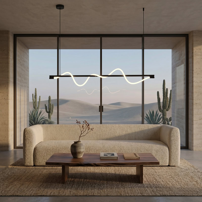 Wavy LED linear rope pendant light hanging over a modern interior space