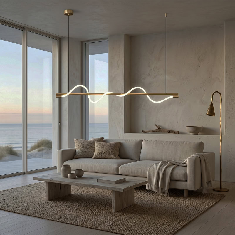 Wavy LED linear rope pendant light hanging over a modern interior space