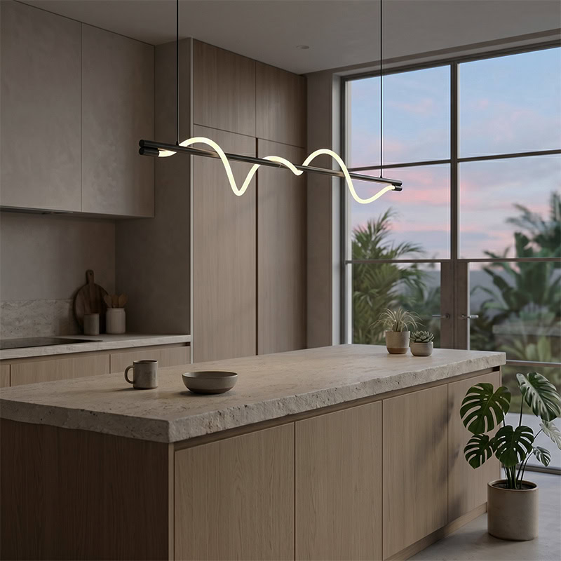 Wavy LED linear rope pendant light hanging over a modern interior space