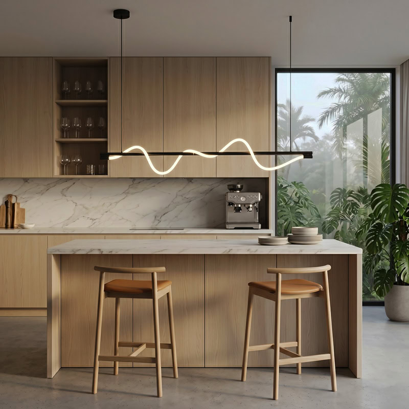 Wavy LED linear rope pendant light hanging over a modern interior space