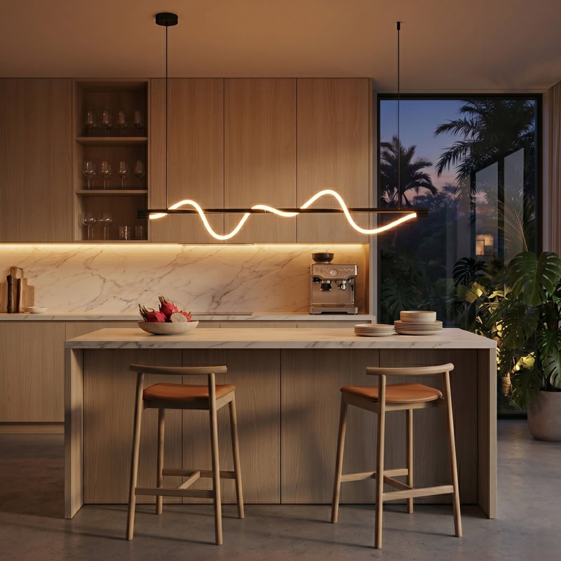 Wavy LED linear rope pendant light hanging over a modern interior space