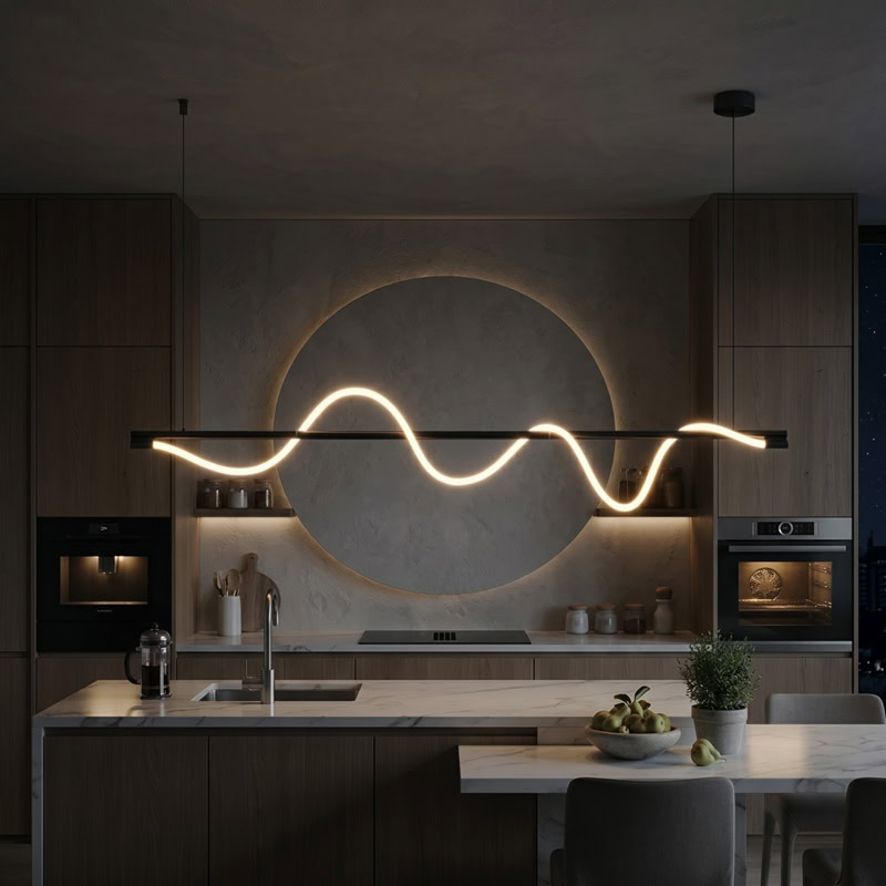 Wavy LED linear rope pendant light hanging over a modern interior space