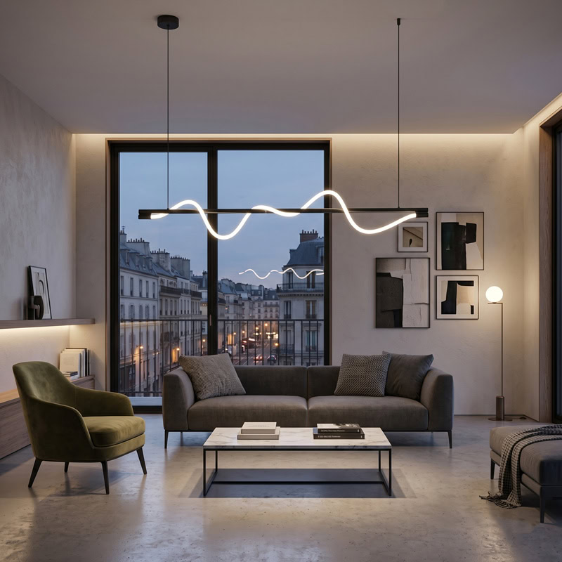 Wavy LED linear rope pendant light hanging over a modern interior space