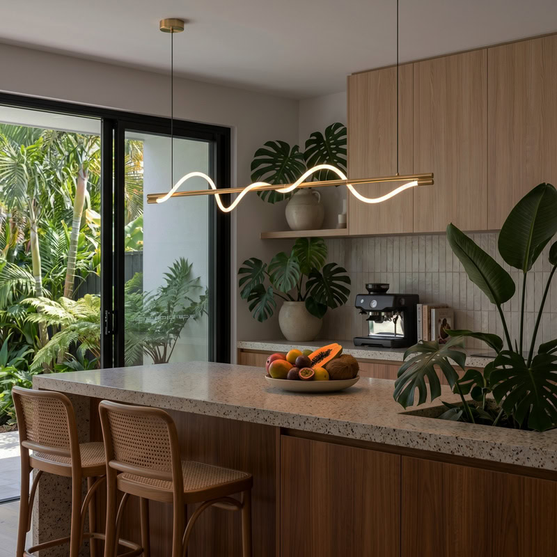 Wavy LED linear rope pendant light hanging over a modern interior space