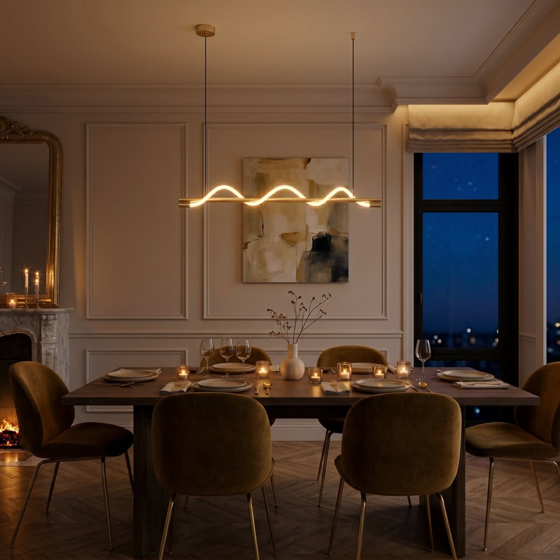 Wavy LED linear rope pendant light hanging over a modern interior space