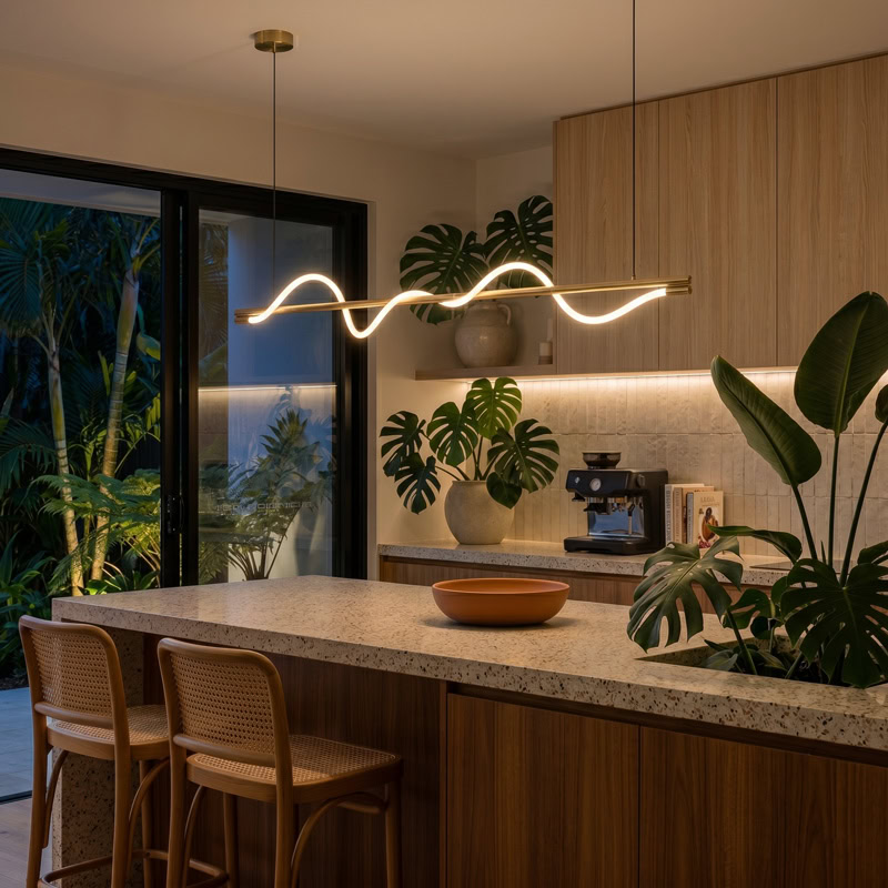 Wavy LED linear rope pendant light hanging over a modern interior space