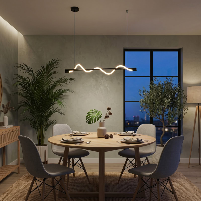 Wavy LED linear rope pendant light hanging over a modern interior space