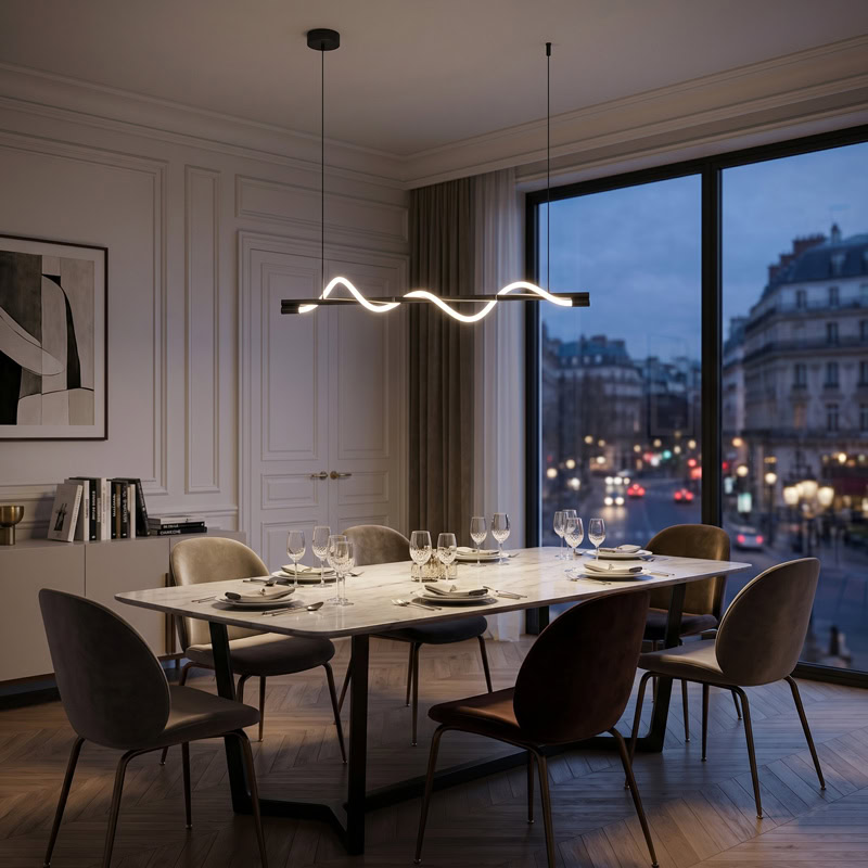 Wavy LED linear rope pendant light hanging over a modern interior space
