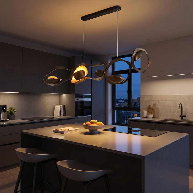 Black Designer Sculptural Pendant Light NOVARA LG363 with flowing curvilinear metal rings in a black and gold finish above an interior setting