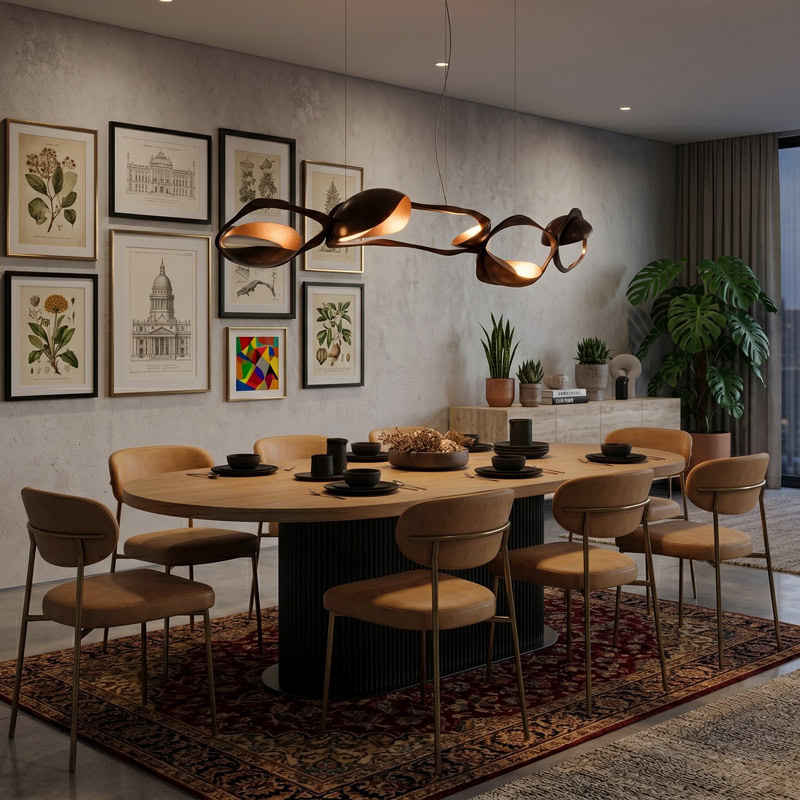 Black Designer Sculptural Pendant Light NOVARA LG363 with flowing curvilinear metal rings in a black and gold finish above an interior setting