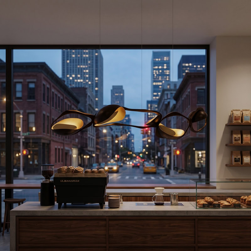 Black Designer Sculptural Pendant Light NOVARA LG363 with flowing curvilinear metal rings in a black and gold finish above an interior setting