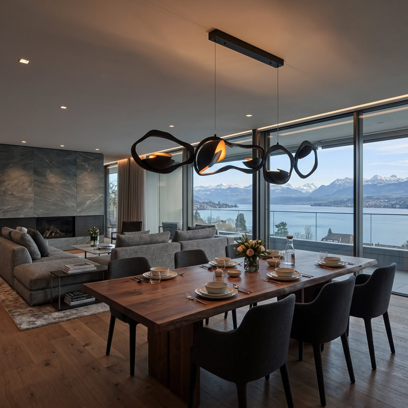 Black Designer Sculptural Pendant Light NOVARA LG363 with flowing curvilinear metal rings in a black and gold finish above an interior setting