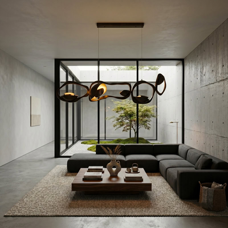 Black Designer Sculptural Pendant Light NOVARA LG363 with flowing curvilinear metal rings in a black and gold finish above an interior setting