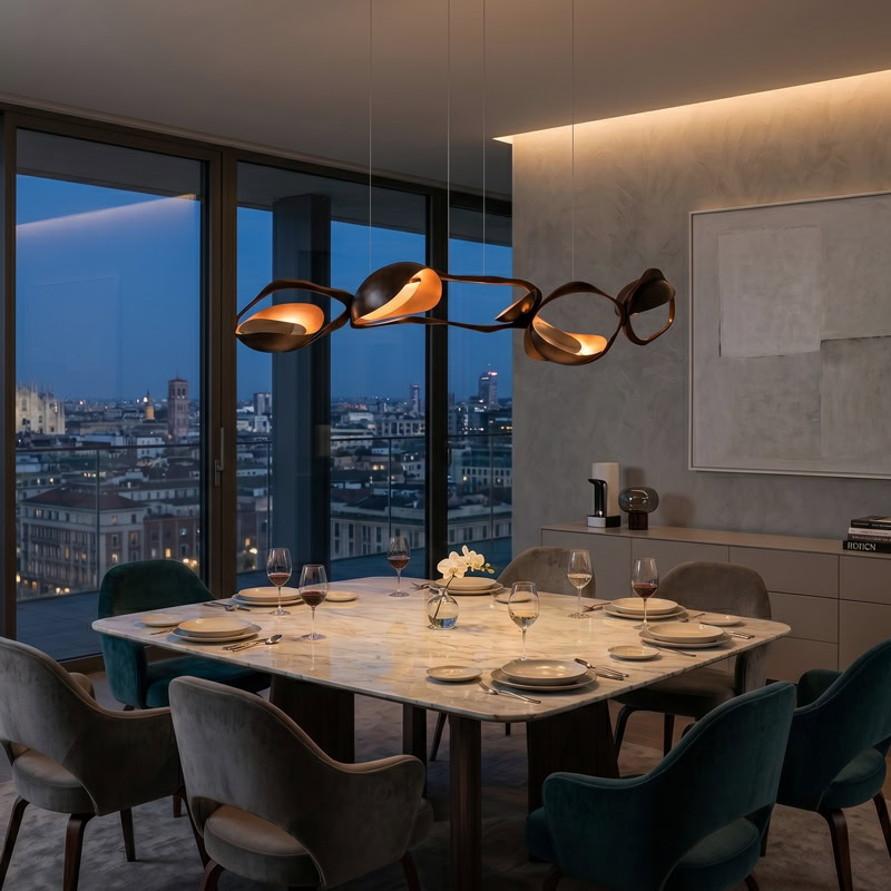 Black Designer Sculptural Pendant Light NOVARA LG363 with flowing curvilinear metal rings in a black and gold finish above an interior setting
