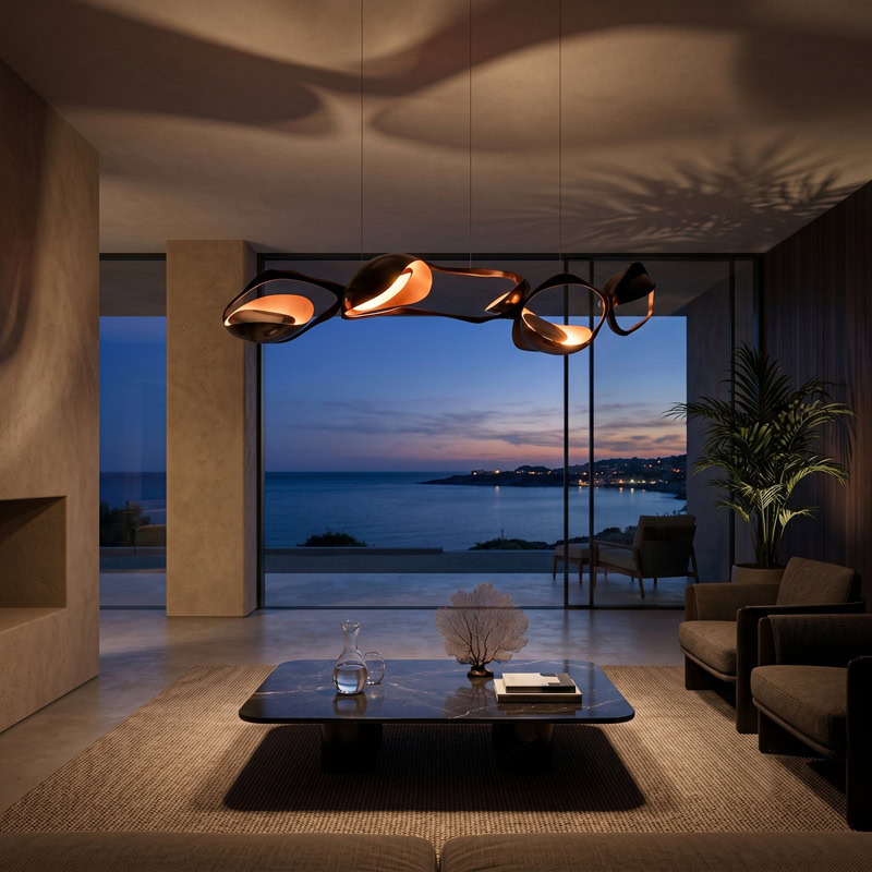 Black Designer Sculptural Pendant Light NOVARA LG363 with flowing curvilinear metal rings in a black and gold finish above an interior setting