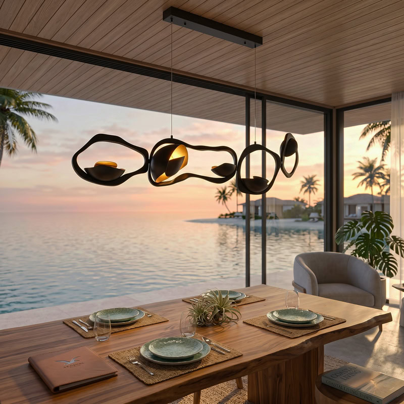 Black Designer Sculptural Pendant Light NOVARA LG363 with flowing curvilinear metal rings in a black and gold finish above an interior setting