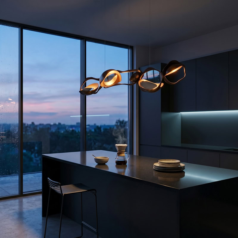 Black Designer Sculptural Pendant Light NOVARA LG363 with flowing curvilinear metal rings in a black and gold finish above an interior setting