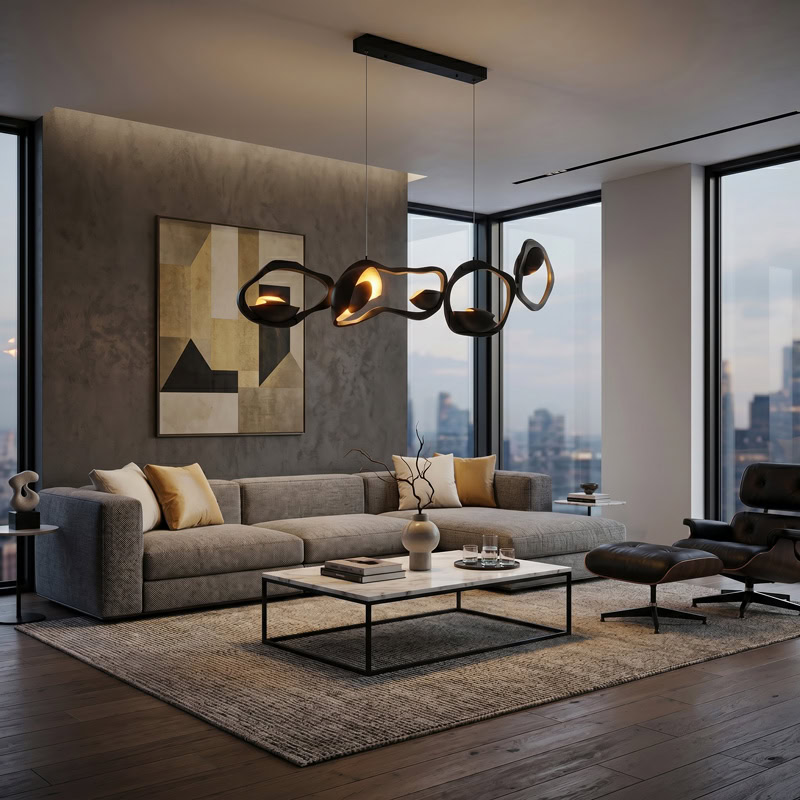 Black Designer Sculptural Pendant Light NOVARA LG363 with flowing curvilinear metal rings in a black and gold finish above an interior setting