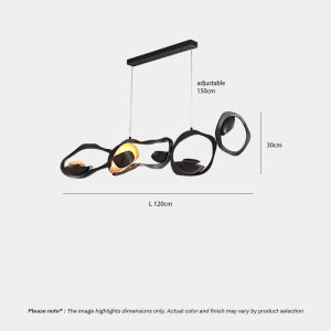 Black Designer Sculptural Pendant Light NOVARA LG363 with flowing curvilinear metal rings in a black and gold finish above an interior setting
