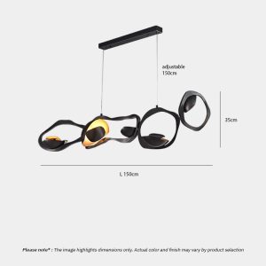 Black Designer Sculptural Pendant Light NOVARA LG363 with flowing curvilinear metal rings in a black and gold finish above an interior setting