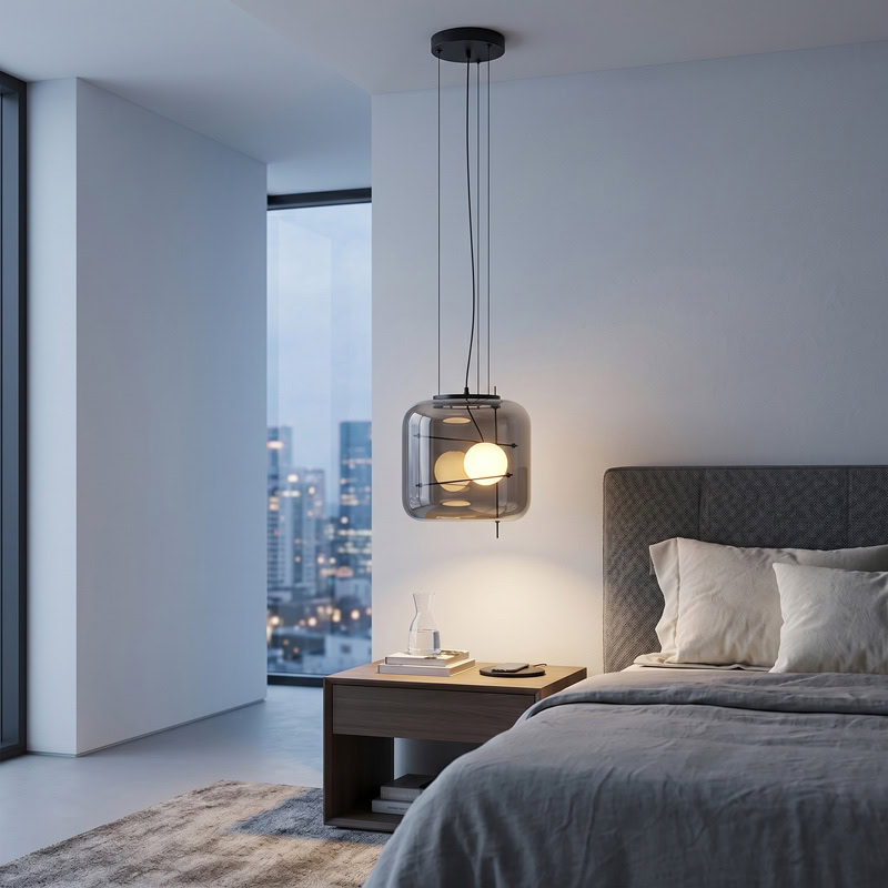 Floating Globe Pendant Light FOSCHO LG370 with sculptural glass orb design, suspended black metal frame, and ambient LED illumination for contemporary interiors.