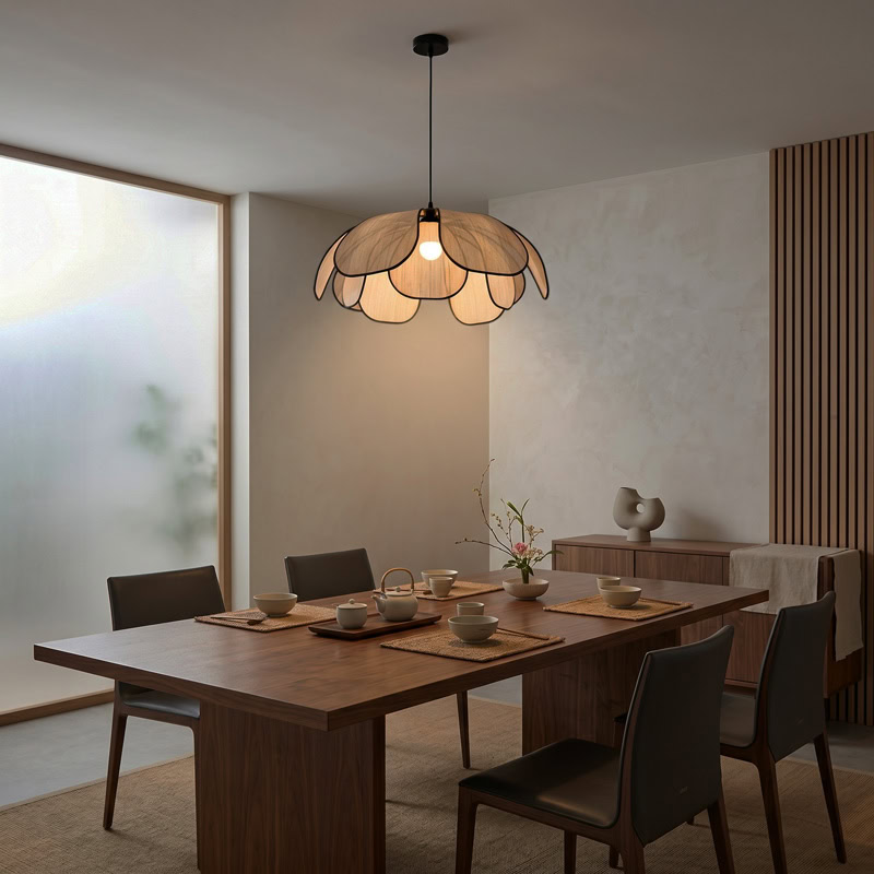 Floral Fabric Pendant Light TERRAVA LG348 with soft handcrafted petal shade and diffused warm glow for living room, dining room, and kitchen interiors