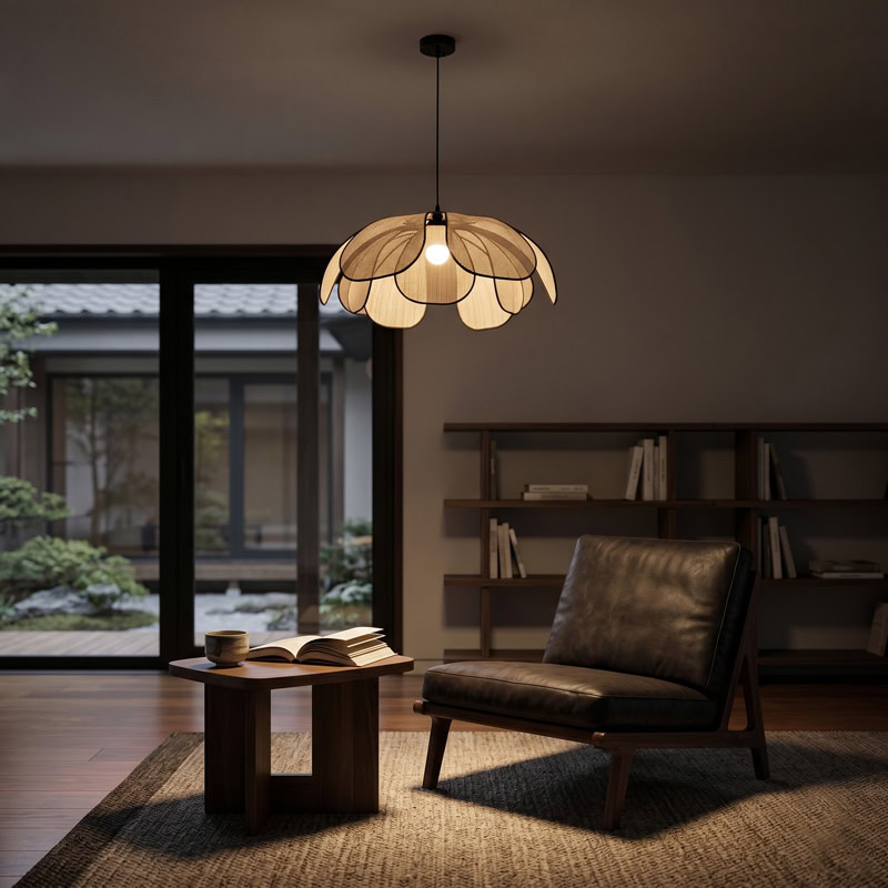 Floral Fabric Pendant Light TERRAVA LG348 with soft handcrafted petal shade and diffused warm glow for living room, dining room, and kitchen interiors