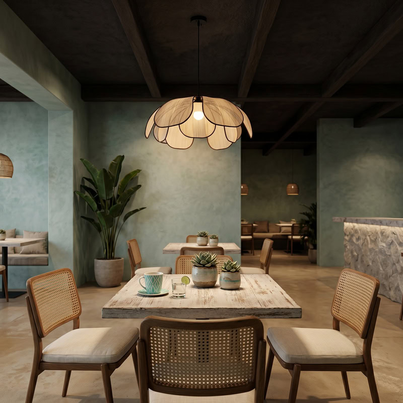 Floral Fabric Pendant Light TERRAVA LG348 with soft handcrafted petal shade and diffused warm glow for living room, dining room, and kitchen interiors
