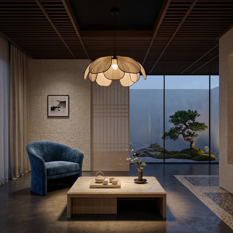 Floral Fabric Pendant Light TERRAVA LG348 with soft handcrafted petal shade and diffused warm glow for living room, dining room, and kitchen interiors