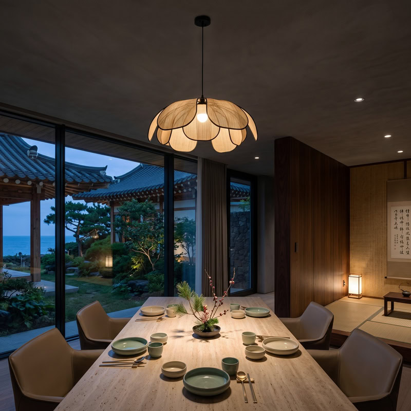 Floral Fabric Pendant Light TERRAVA LG348 with soft handcrafted petal shade and diffused warm glow for living room, dining room, and kitchen interiors