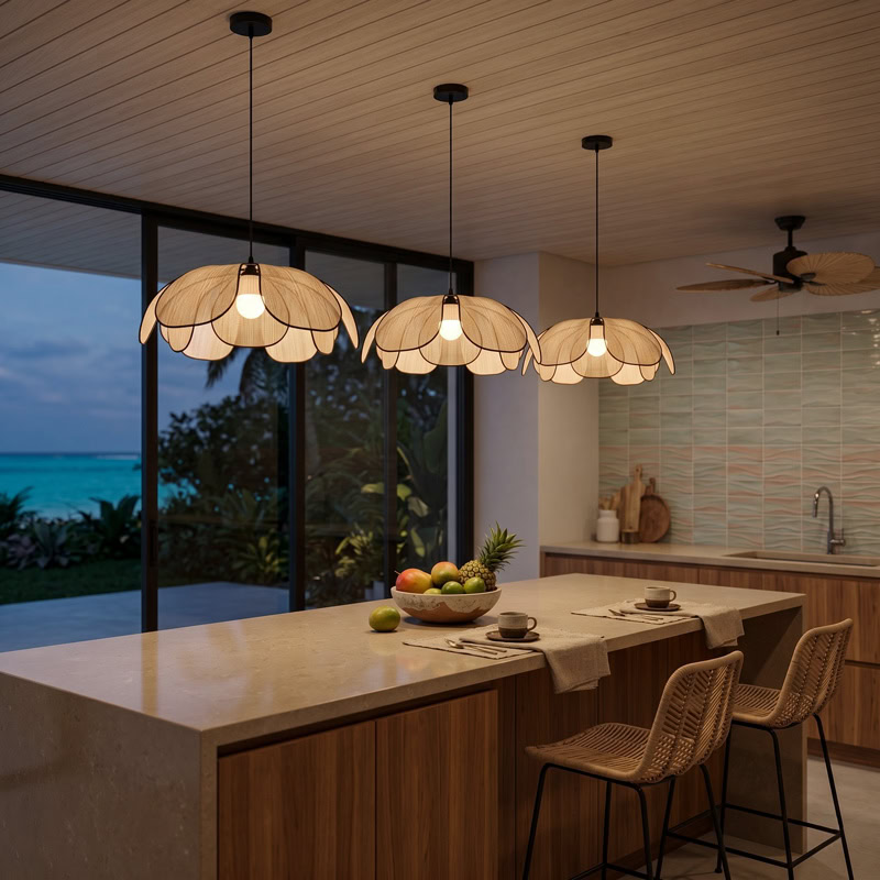 Floral Fabric Pendant Light TERRAVA LG348 with soft handcrafted petal shade and diffused warm glow for living room, dining room, and kitchen interiors