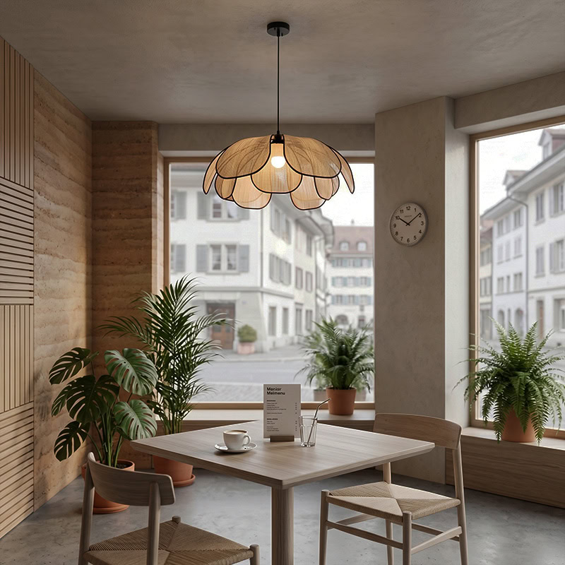Floral Fabric Pendant Light TERRAVA LG348 with soft handcrafted petal shade and diffused warm glow for living room, dining room, and kitchen interiors