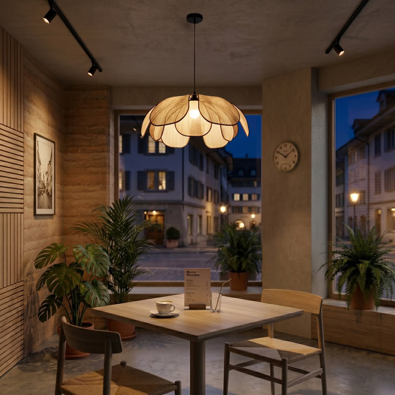 Floral Fabric Pendant Light TERRAVA LG348 with soft handcrafted petal shade and diffused warm glow for living room, dining room, and kitchen interiors